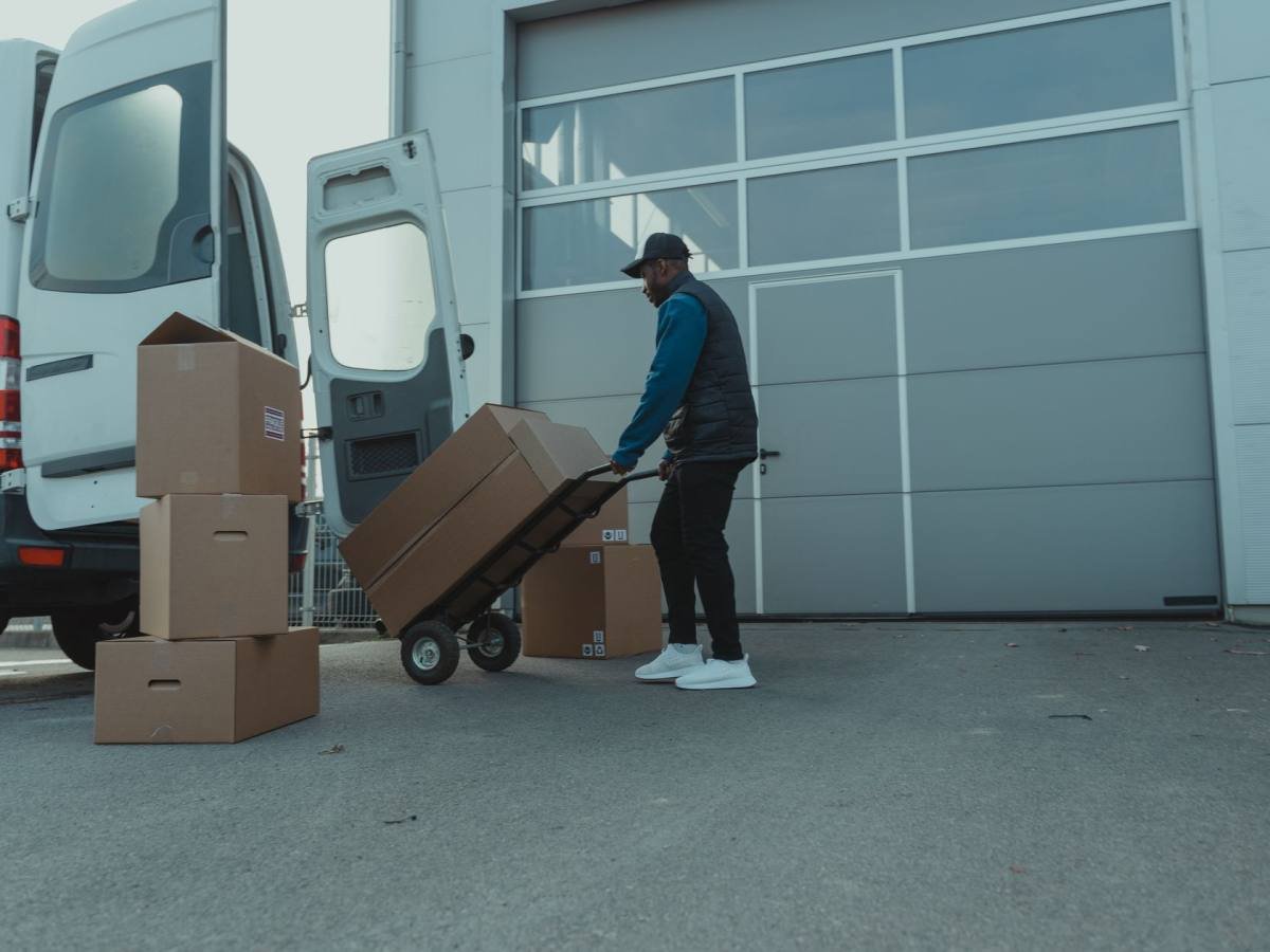 A hand truck loaded with boxes